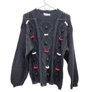 CSL Women's Christmas Sweater Hand Knit Embroidered Cherry Stix Size M black